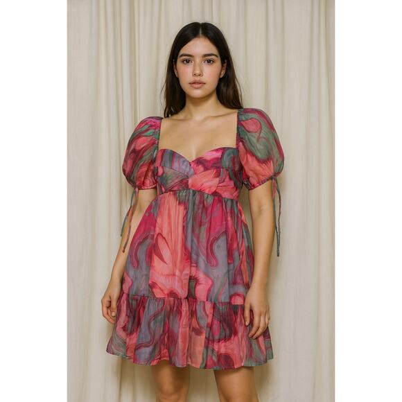 Amanda Uprichard L Women's Puff Sleeve Min Dress Sheer Seike Style Babydoll Boho - Picture 1 of 12